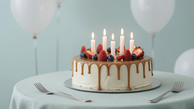 Modern drip cake with berries and glowing birthday candles