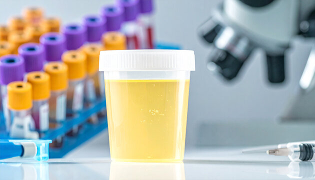 Urine Sample in Medical Laboratory: A close-up of a urine sample cup sits on a lab bench, with a rack of test tubes and a microscope in the blurred background, suggesting medical testing and analysis.