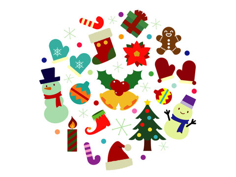 可愛いクリスマスモチーフが円形に集まったフレーム風イラスト素材セット