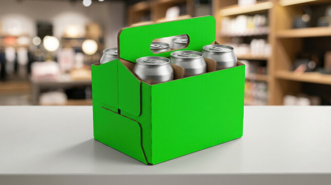 Green six-pack carrier with silver cans on a white table in a store aisle, for beverage packaging and retail display.