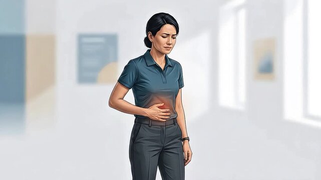 Woman holding her stomach experiencing abdominal pain or digestive discomfort illustration
