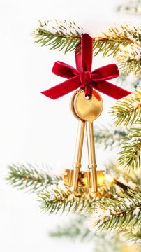 Christmas house keys on fir branches with snow and festive lights. Concepts related to buying real estate, moving, or renting a home