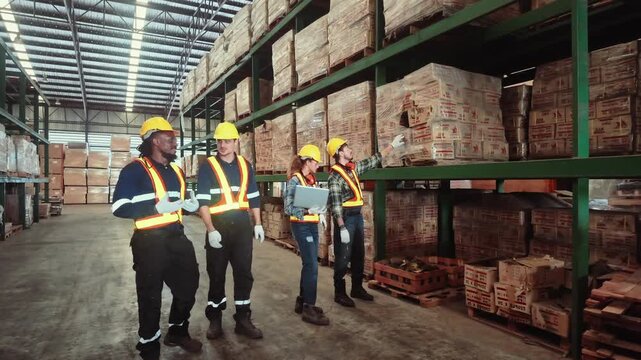 Workers discuss safety procedures in a warehouse during a training session
