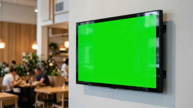 Horizontal blank digital screen monitor mounted on restaurant wall for menu display or promotional video advertising campaigns.