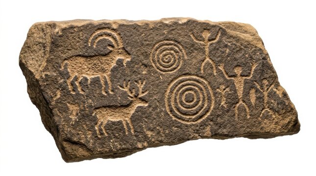 Ancient rock art with petroglyphs of animals and human figures