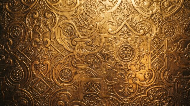 Ornate golden embossed metal texture with vintage baroque patterns