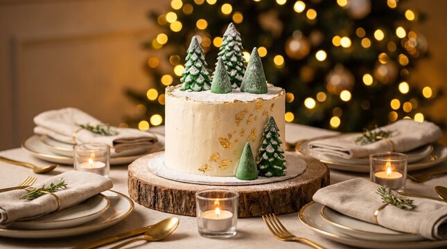  Elegant Christmas cake decorated with edible green mastic pine trees on a beautifully served festive holiday table with candles.