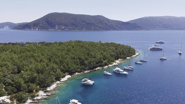 Fiskardo, Kefalonia, Greece, aerial drone view,