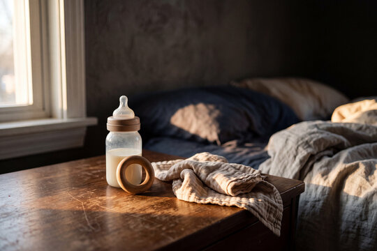 Baby bottle and wooden rattle on bedside table in morning light