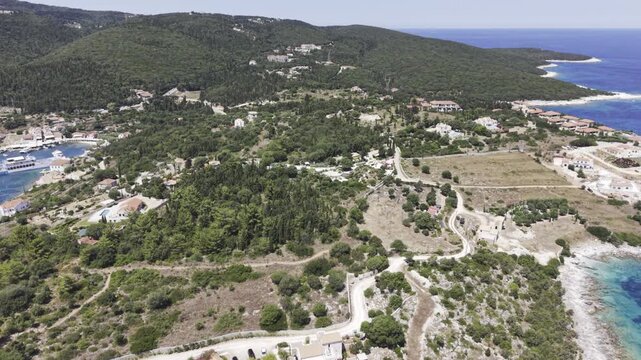 Fiskardo, Kefalonia, Greece, aerial drone view,