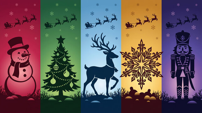 Colorful Christmas banners set featuring silhouettes of snowman, decorated tree, reindeer, snowflake, and nutcracker vector illustration