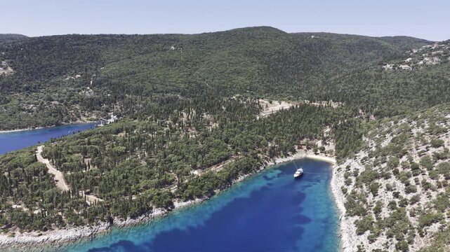 Fiskardo, Kefalonia, Greece, aerial drone view,
