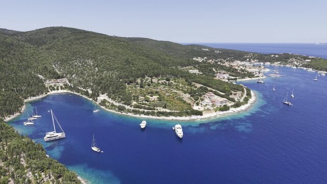 Fiskardo, Kefalonia, Greece, aerial drone view,