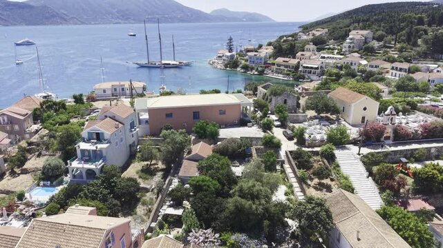 Fiskardo, Kefalonia, Greece, aerial drone view,