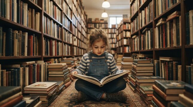 Young girl reading a book while sitting on the floor in a library