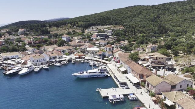 Fiskardo, Kefalonia, Greece, aerial drone view,