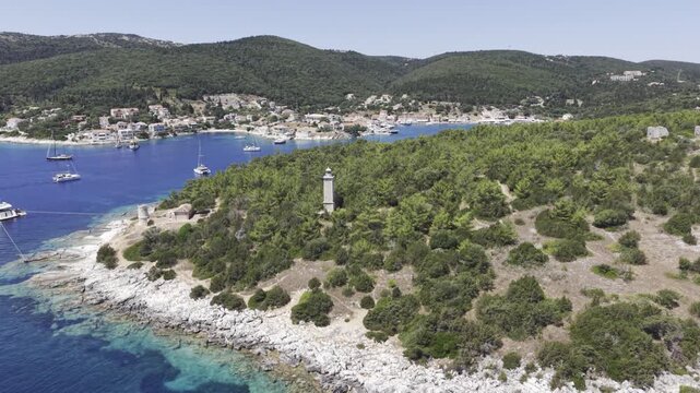 Fiskardo, Kefalonia, Greece, aerial drone view,