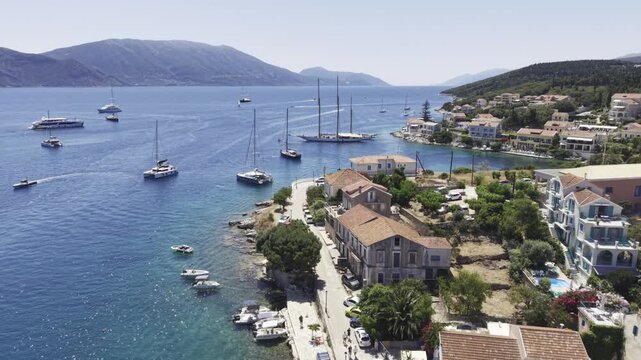 Fiskardo, Kefalonia, Greece, aerial drone view,