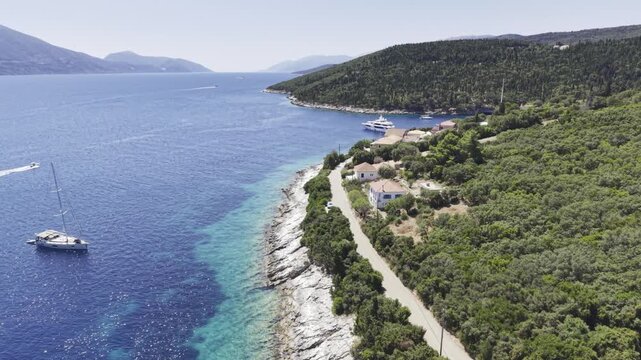 Fiskardo, Kefalonia, Greece, aerial drone view,