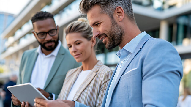 Diverse coworkers discussing a project outside a contemporary office building while sharing a tablet, outdoor business meeting, flexible work, corporate collaboration, urban