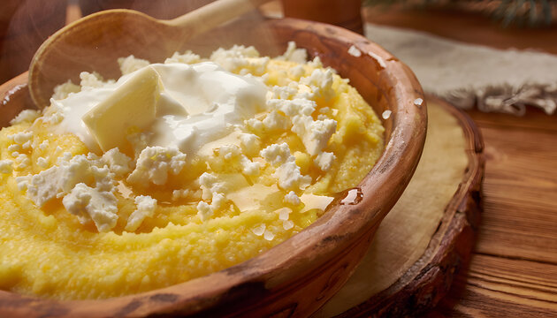 Romanian Mămăligă with Cheese and Sour Cream