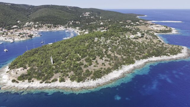 Fiskardo, Kefalonia, Greece, aerial drone view,