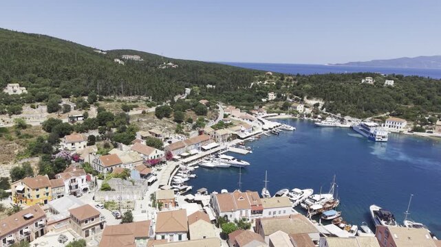 Fiskardo, Kefalonia, Greece, aerial drone view,
