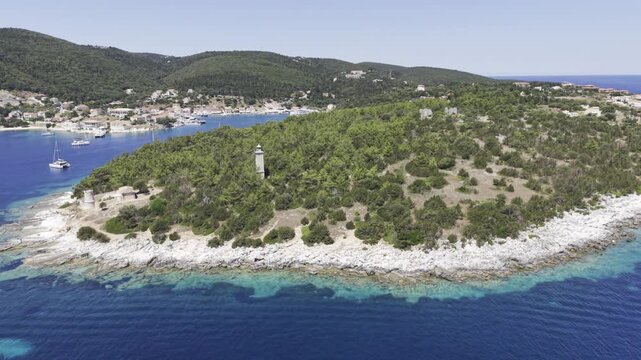 Fiskardo, Kefalonia, Greece, aerial drone view,