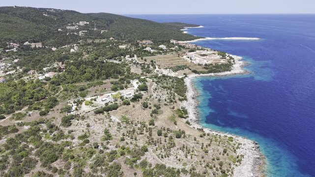 Fiskardo, Kefalonia, Greece, aerial drone view,