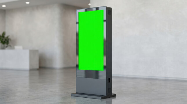 Modern vertical digital advertising display kiosk with green screen placed in spacious office building lobby area environment.