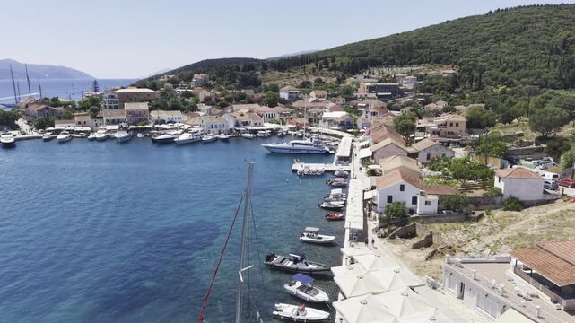 Fiskardo, Kefalonia, Greece, aerial drone view,