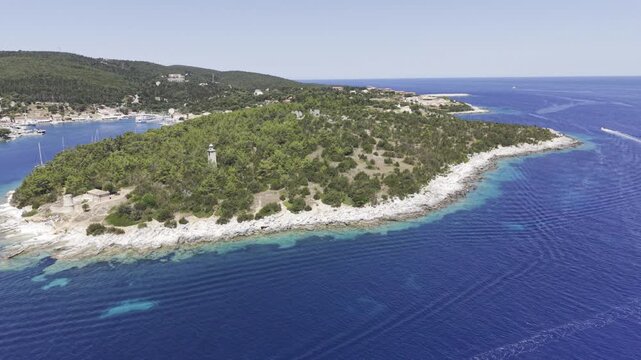 Fiskardo, Kefalonia, Greece, aerial drone view,