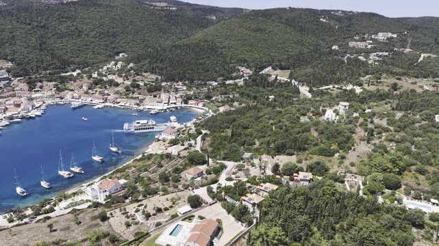 Fiskardo, Kefalonia, Greece, aerial drone view,