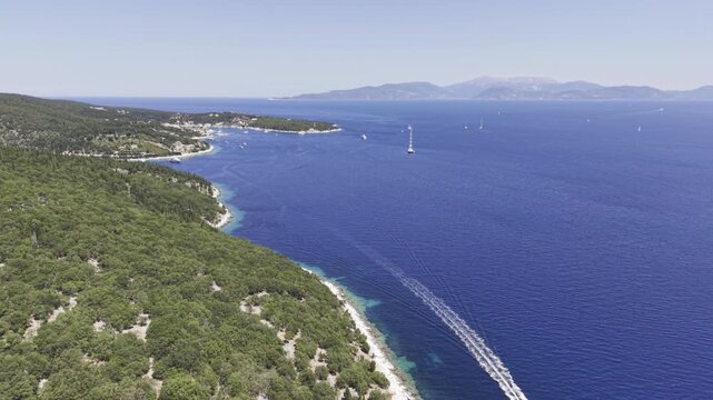 Fiskardo, Kefalonia, Greece, aerial drone view,