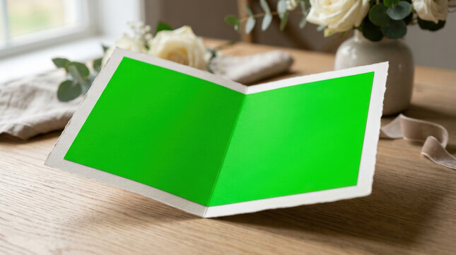 Open greeting card with green screen inner panels resting on wooden table next to white roses for sentimental message invitation.