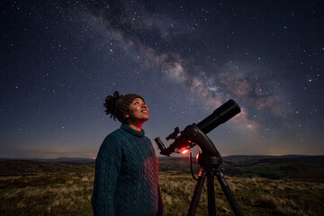 Fototapeta premium Young Black woman looking at starry sky next to telescope