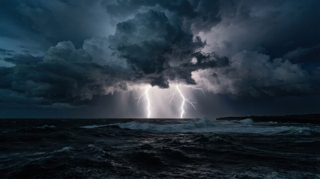 Severe thunderstorm with lightning strikes over rough dark sea and heavy clouds