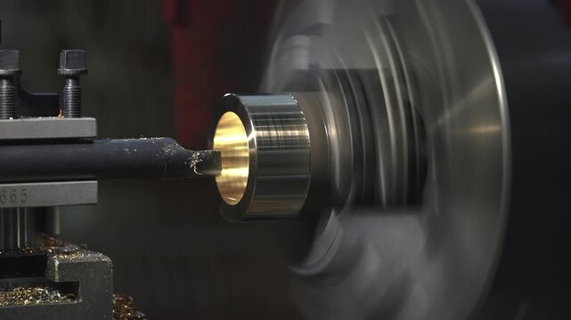 the process of manufacturing a metal part from a brass blank on a CNC lathe using drills and cutting tools