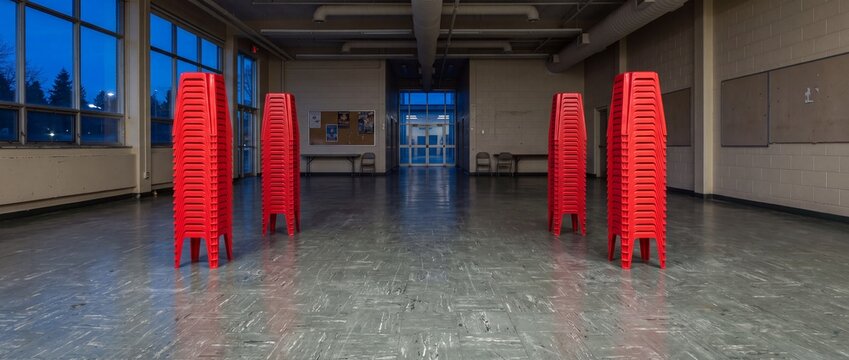 Stacks of red plastic chairs arranged in rows inside a school hallway or common area