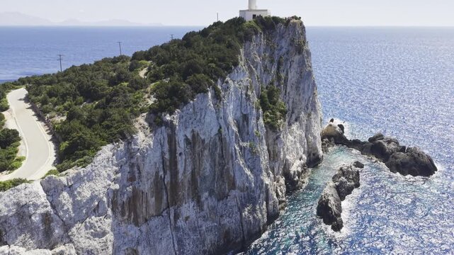 Cape Lefkatas, Lefkada, Greece, aerial drone view, Doukato, lighthouse