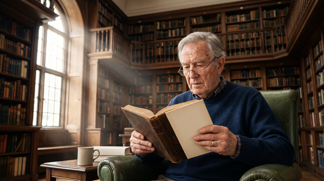 Elderly man reading an old book in a grand classic library with sunlight