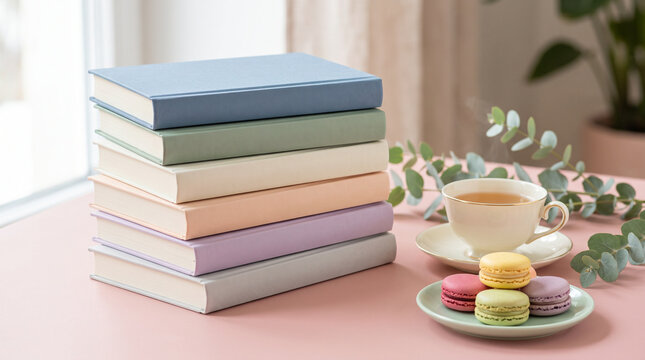 Stack of pastel books with tea and macarons on pink table