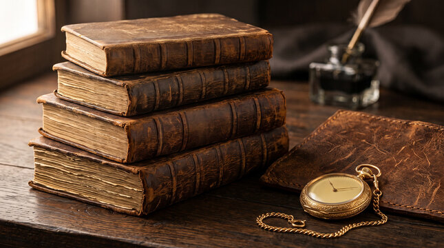 Stack of vintage leather books with pocket watch and quill on wooden table