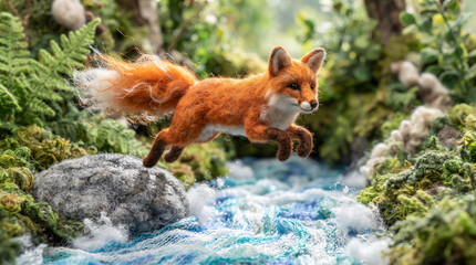 Fototapeta premium Cute needle felted red fox jumping over a river in a wool forest