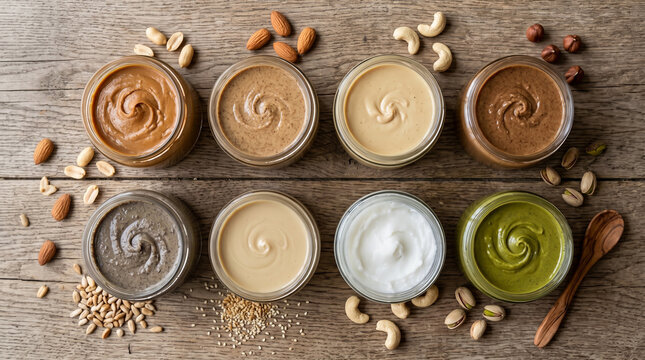Top view of assorted nut and seed butters in glass jars on a wooden table