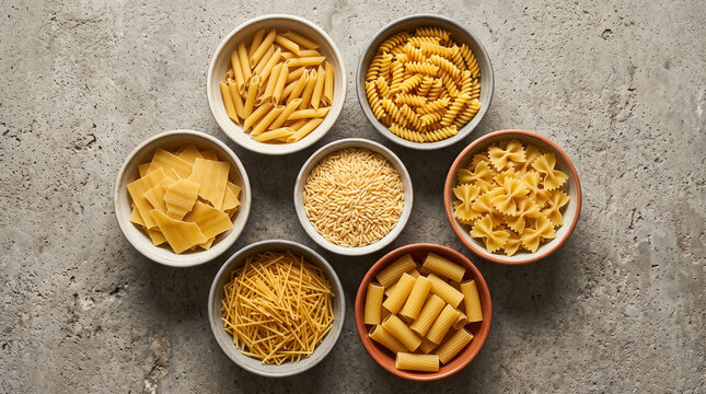 Top view of various types of dry pasta in ceramic bowls on concrete background
