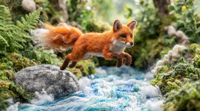 Cute needle felted red fox jumping over a river in a wool forest