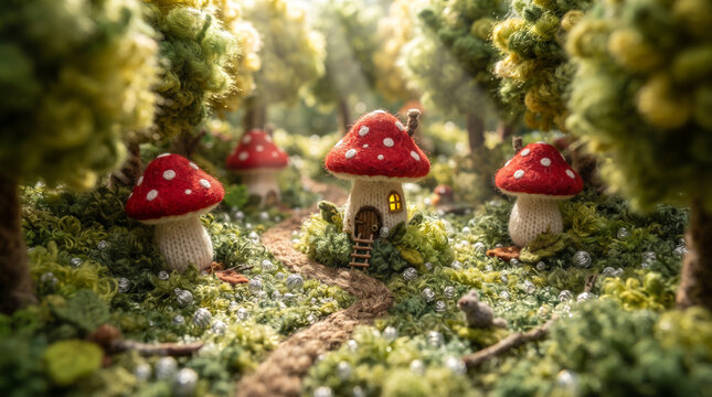 Magical knitted mushroom village in a miniature wool forest with glowing window