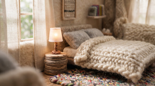 Cozy miniature bedroom made of wool with chunky knit blanket and glowing lamp