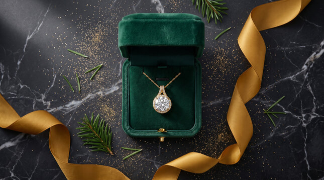 Luxury diamond pendant necklace in green velvet box with gold ribbon on marble background